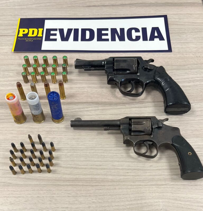PDI detuvo a dos hombres por infracción a la ley de armas y drogas en Valdivia: dos revolver fueron incautados