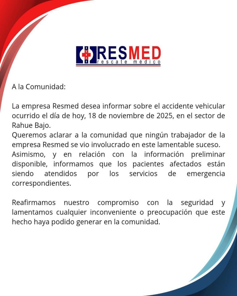 ResMed emite segundo comunicado y confirma evolución favorable de los afectados tras accidente en Osorno