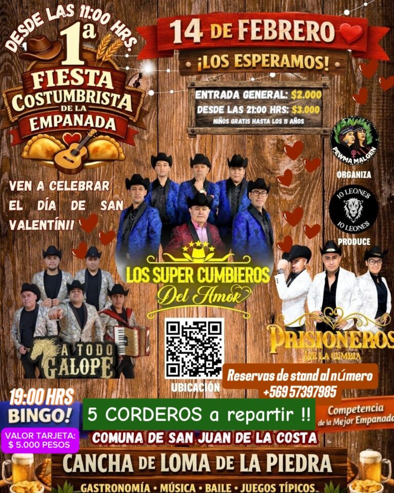¡Hoy es la Fiesta Costumbrista de la Empanada! Ven a celebrar San Valentín con música en vivo, bingo y cinco corderos a repartir